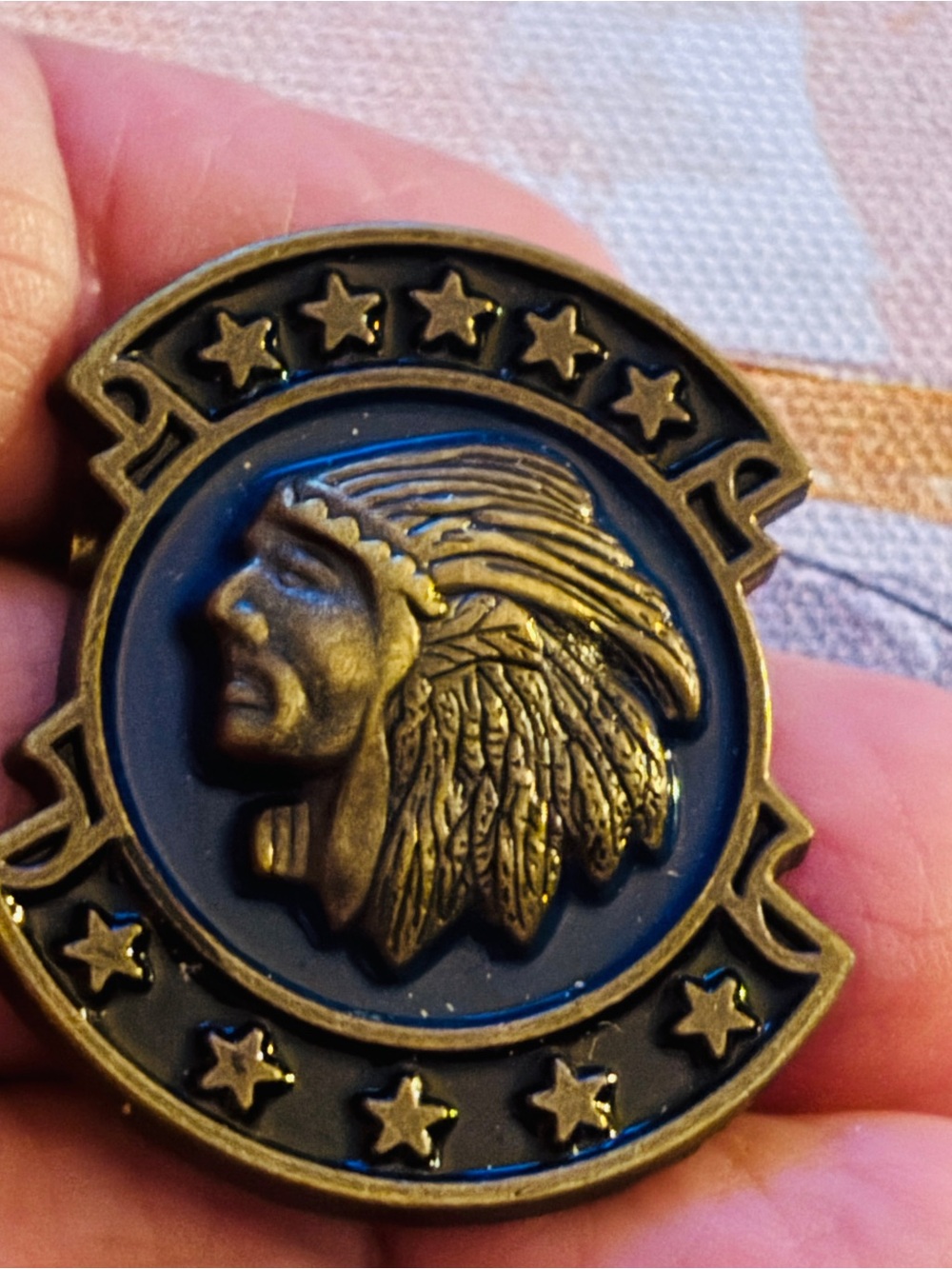 Bronze-Tone Native Headdress Brooch - Blue Accents